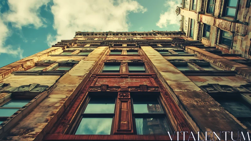 Weathered city facade reaching warmly toward bright sky.