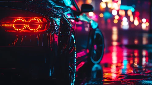 Neon-soaked sports car tail-lights on rainy city street.