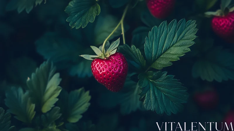 Ripe garden strawberry glows against deep green foliage.