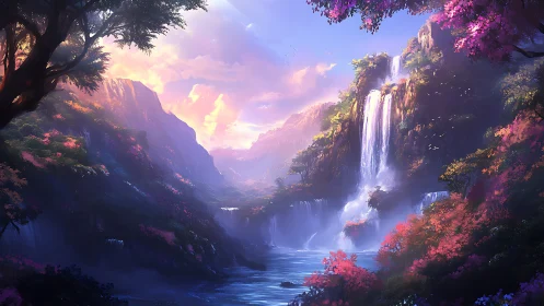 Celestial cascade over dreamlit valley of violet blooms.
