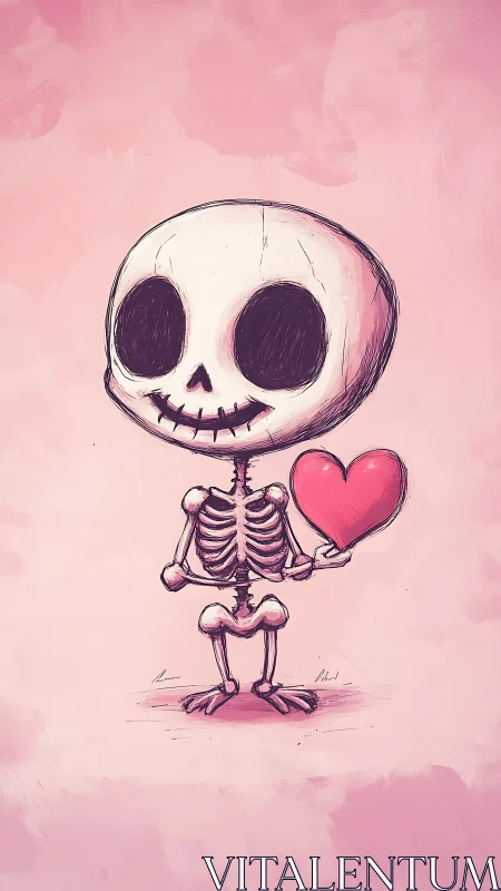 Cartoon skeleton holding stylized heart on textured pink ground