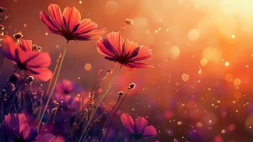 Golden Hour Cosmos Flowers Bathed in Radiant Sunset Light