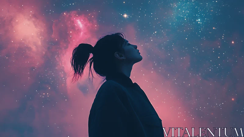 Stargazing dreamer adrift in neon pink and teal cosmos.