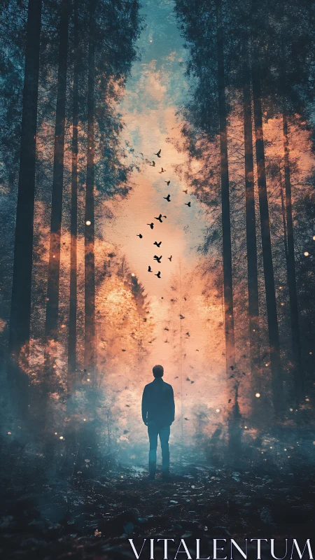 Silhouetted figure in misty forest under glowing twilight sky