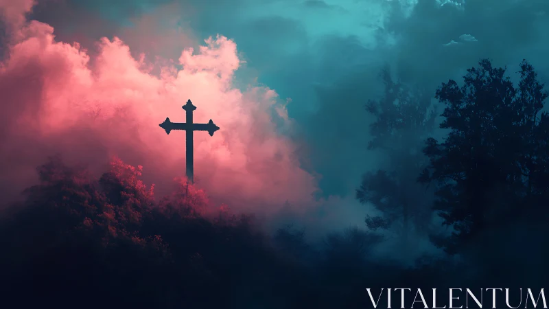Cross crowned by neon stormlight over mist-drowned forest.