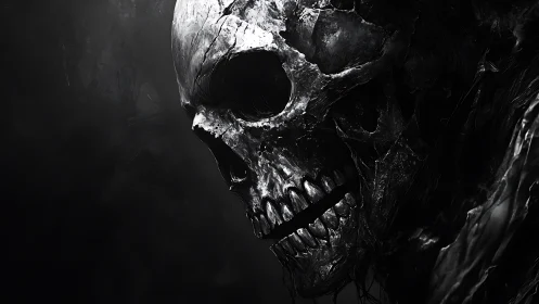 Dark monochrome skull close-up with textured surface.