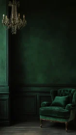 Emerald armchair waits beneath a murmuring crystal chandelier