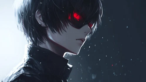 Red-eyed cyber vigilante in high-contrast anime portrait.