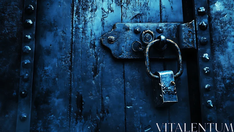 Textured steel door with corroded padlock in moody blue light.