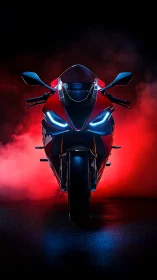 Midnight red superbike poised in cinematic neon haze.