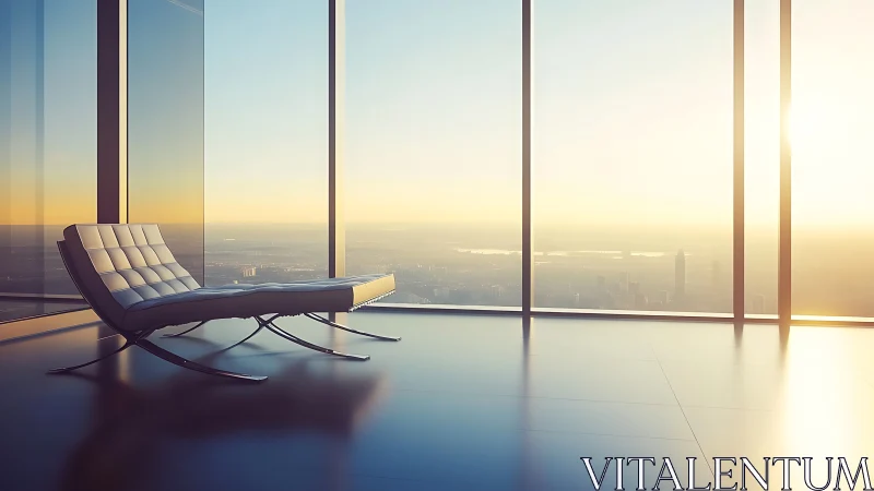 Minimalist lounge chair in glazed high-rise sunrise interior.