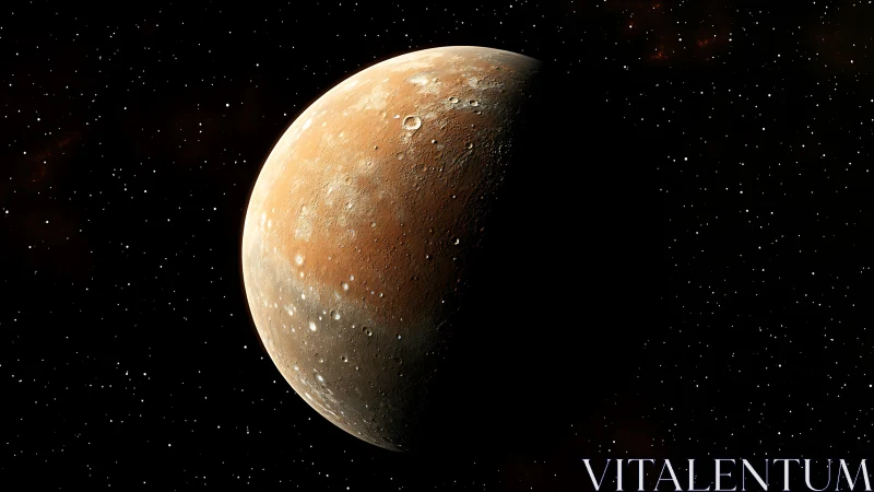 Crescent rocky exoplanet rendered with high-detail crater mapping