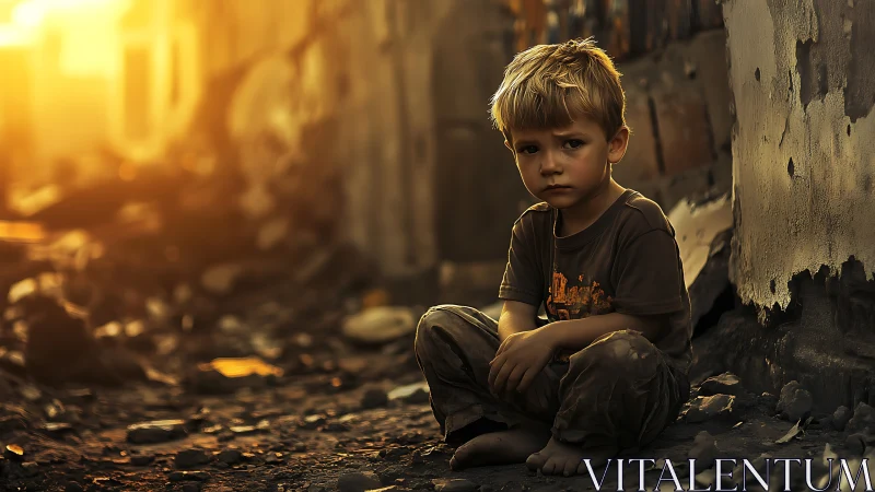 Quiet golden moment with a thoughtful child in ruins.