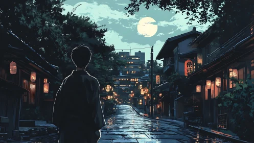 Person observes lantern lit street under full moon at night
