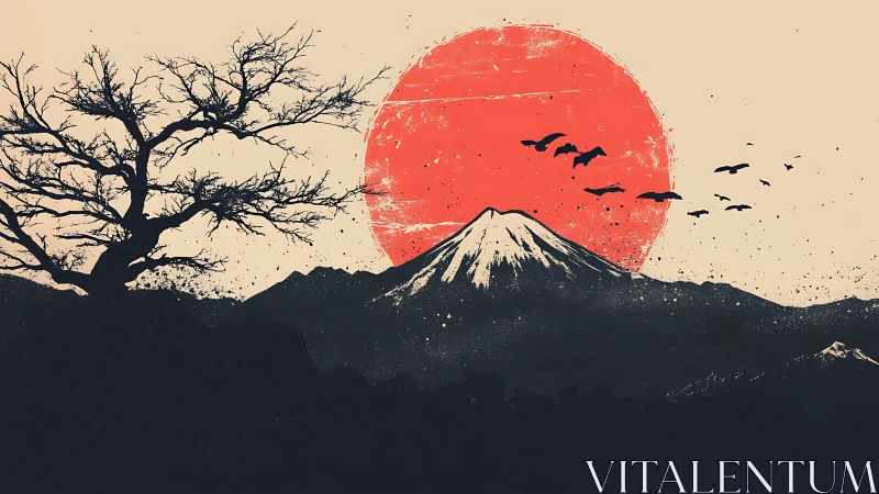 Stylized mountain silhouette framed by red sun and bare tree