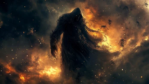 Dark hooded wraith walking through swirling firestorm.