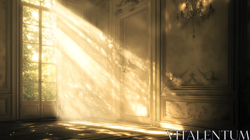Golden sunbeams stream through ornate French windows.