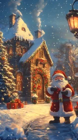 Santa in glowing snow outside rustic stone cottage at dusk.