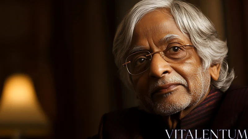 Gentle elder in warm lamplight sharing a quiet moment.