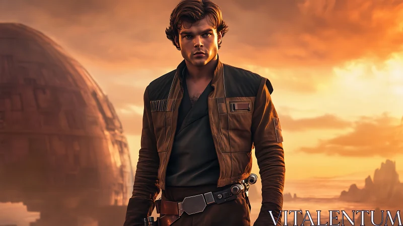 Sunset-streaked space rogue studies horizons of distant exile