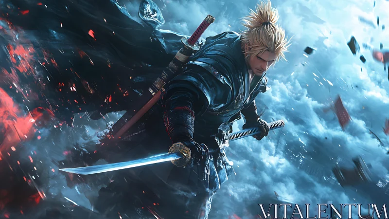 Samurai warrior in dynamic combat stance amid storm clouds.