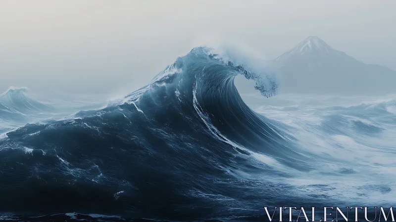 Storm surge crest curls toward misted volcanic coastline.