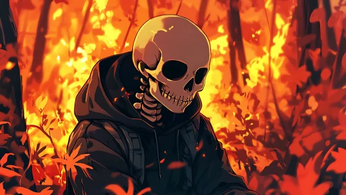 Skeletal wanderer in ember-lit autumn forest glow.