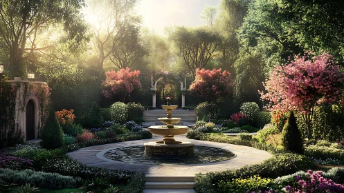 Sunlit fountain whispers through a secret blooming garden haven