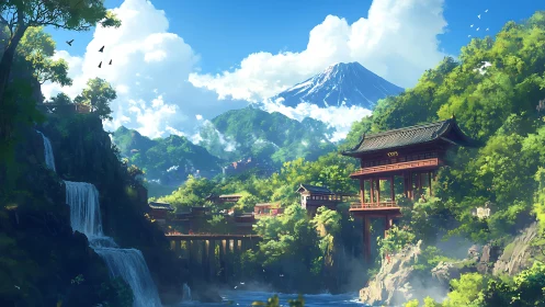Sunlit mountain temples cradle waterfalls and drifting clouds.