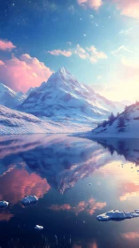 Snow-clad alpine peak mirrored in iridescent glacial lake