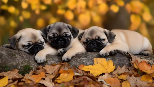Triad of sleeping pug puppies on log amid autumn foliage