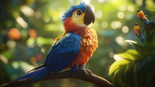 Vibrant Parrot on Branch in Sunlit Jungle, Digital Art Style.