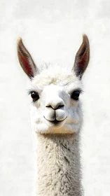White llama portrait shows direct gaze on clean background
