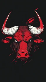 Bold red bull portrait glowing against inky black night.