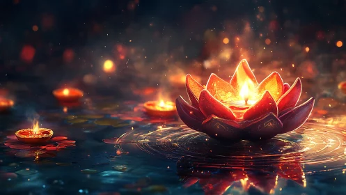 Digital painting of lotus diya cluster on reflective water surface.