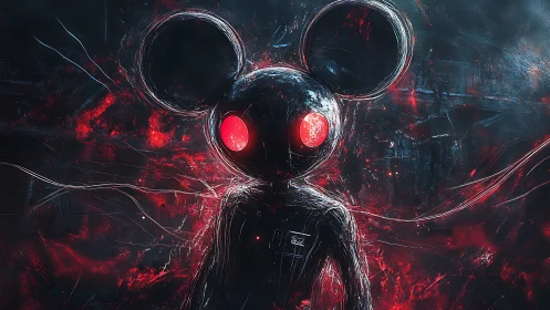 Glowing red-eyed mouse-headed figure in abstract energy storm field