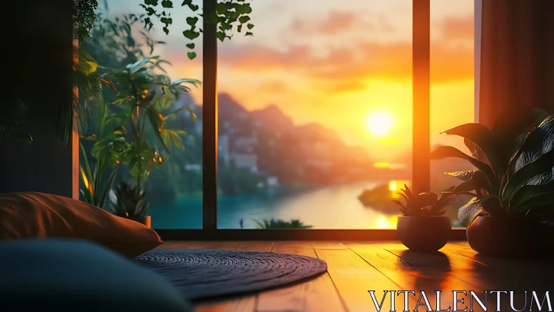 Sunlit river sanctuary framed by houseplants and hush.