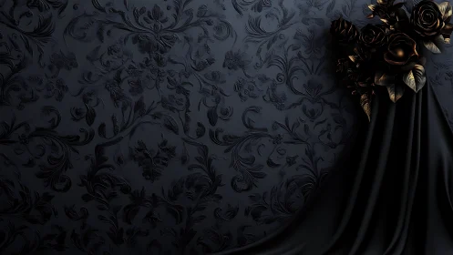 Baroque black floral relief with metallic roses and draped satin.