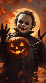 Masked Halloween fiend holding jack o lantern under moon.