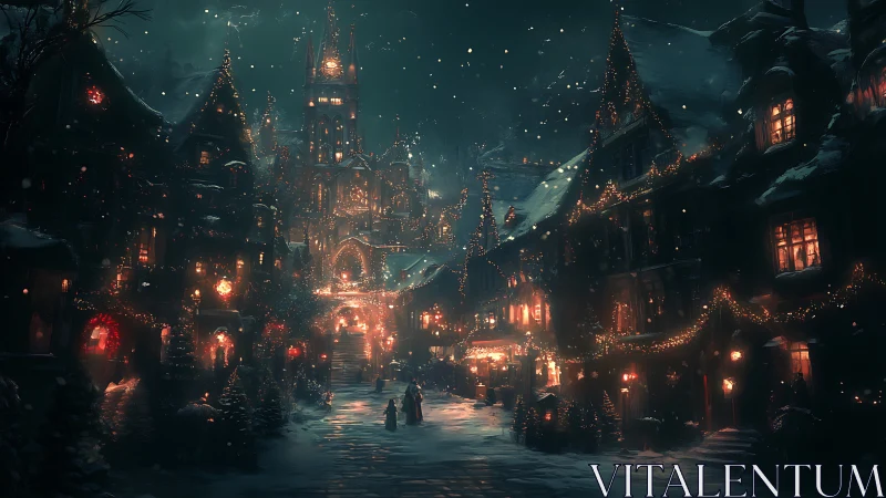 Snowlit medieval town square glows with festive illuminations