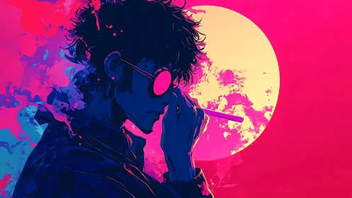 Neon-soaked rebel silhouette before blazing vaporwave sun.