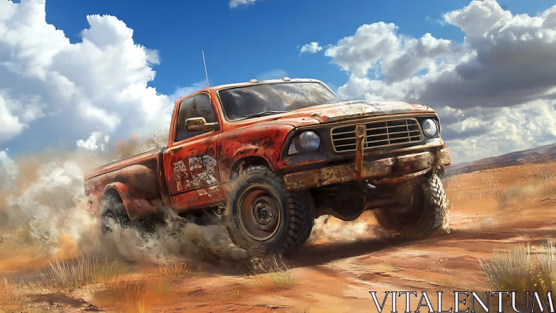 Old red pickup truck driving through dusty desert terrain.
