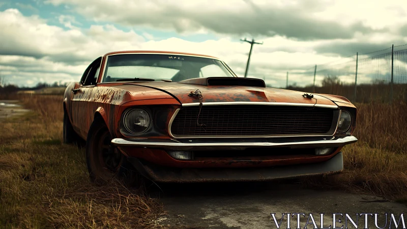 Rusting muscle car rests abandoned beside rural overgrown road