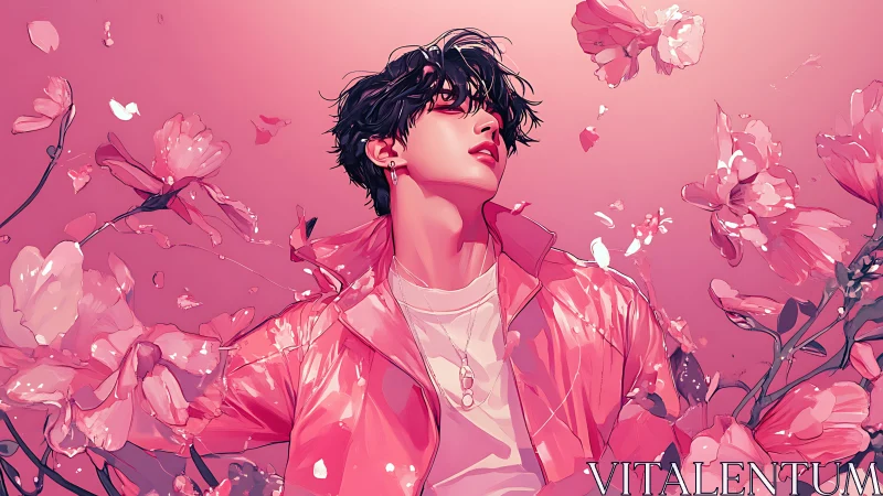 Stylized male portrait with pink blossoms and dynamic petals