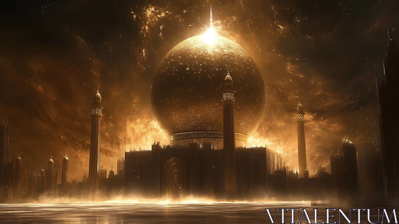 Celestial golden megastructure with luminous planetary dome