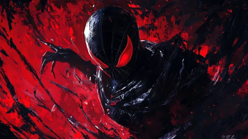 Dynamic red-and-black masked figure rendered in kinetic strokes