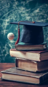 Graduation cap rests on vintage books in scholarly still life