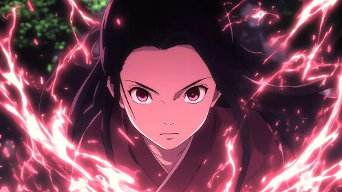 Fierce anime heroine surges forward wrapped in blazing power