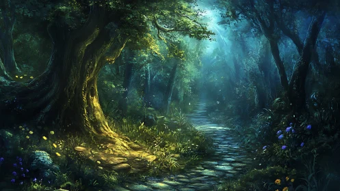 Enchanted Forest Pathway: Luminous Trees Frame Tranquil Stream.