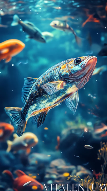 Vibrant blue fish gliding through colorful underwater scene.